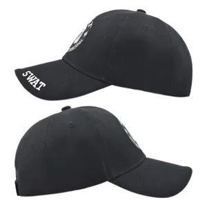 Detail of embroidered SWAT logo and shield badge on a black tactical baseball cap