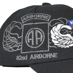 Close-up of high-quality 3D embroidery on black 82nd Airborne Division baseball cap