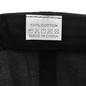 Detail of internal care label on cotton baseball cap with 100% cotton fiber content