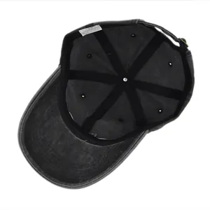 Detail of internal six-panel structure and 100% cotton label on the baseball cap