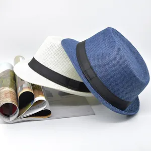 Breathable paper straw fedora hat for men and women featuring black decorative ribbon bands