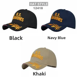 Detail of U.S. MARINES 3D embroidery on black, navy and khaki cotton baseball caps