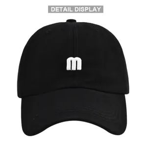 Gros plan détaillé de la lettre m brodée en blanc sur une casquette noire