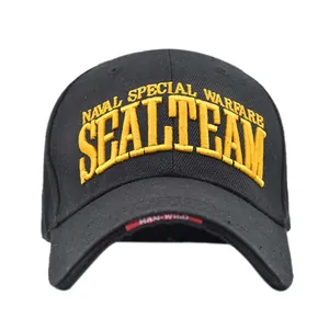 Tactical black cotton baseball cap with yellow Seal Team embroidery and red brim label