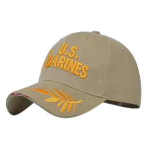 U.S. Marines embroidered baseball cap in khaki cotton with gold leaf brim detailing