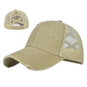 Khaki gewaschene Vintage Pferdeschwanz Baseballkappe mit Mesh und elastischem Kreuzband