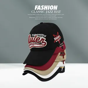 Vertical stack of multi-color baseball caps with premium 3D embroidery and twill texture