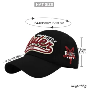 Detailed view of black cotton baseball cap with 3D embroidery and dimensions info