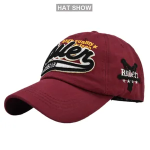 Detail of 3D embroidery and high-quality washed denim fabric on burgundy baseball cap