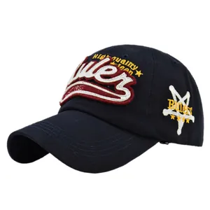 Detailed close-up of 3D embroidery and star pattern on navy cotton baseball cap