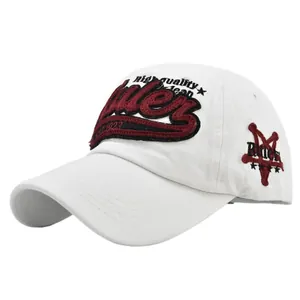 Close-up of 3D embroidery detail on white cotton baseball cap showing Ruler logo