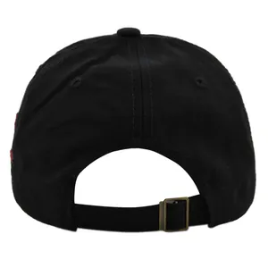 Rear view of black cotton baseball cap showing adjustable strap and antique bronze metal buckle