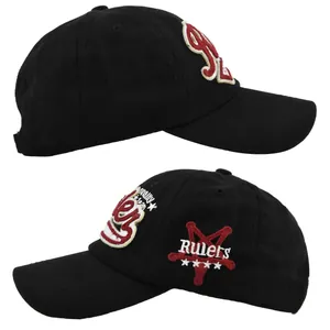 Detail view of 3D embroidery and high quality stitching on a black baseball cap