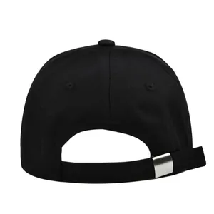 Detail of adjustable metal buckle and stitching on the back of a black cotton baseball cap