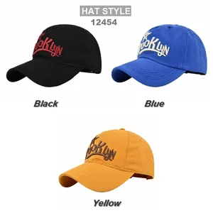 Three-color Brooklyn baseball cap set in black, blue and yellow with 3D embroidery
