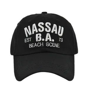 Zwarte katoenen baseballpet met wit 3D-borduurwerk Nassau en Beach Scene