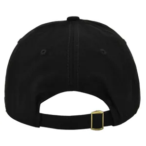 Back view of black cotton baseball cap with adjustable metal buckle and strap