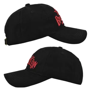 Detail view of the black cotton baseball cap featuring 3D red Brooklyn embroidery and stars