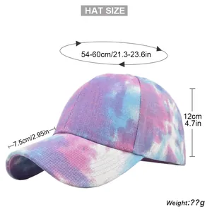 Size chart for tie-dye ponytail baseball cap showing 54-60cm circumference and 7.5cm brim