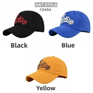 Detailed 3D Brooklyn embroidery on cotton twill baseball caps in black, blue and yellow