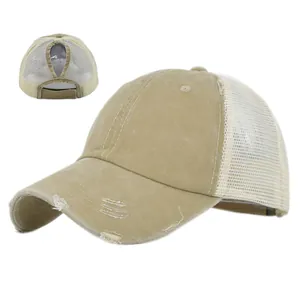 Berretto da baseball kaki con foro per coda di cavallo e retro in rete traspirante