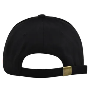 Detail of adjustable metal buckle and breathable cotton twill on the back of baseball cap