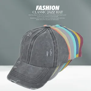 Distressed ponytail baseball caps in multiple vintage colors with washed ripped effects