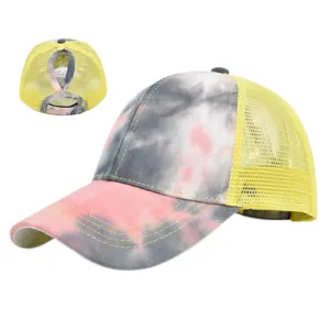 Tie-Dye-Pferdeschwanz-Basecap mit gelbem Netzgewebe und Used-Look für Damen