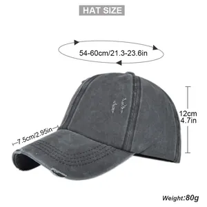Detailed size chart for gray distressed baseball cap showing dimensions and head circumference