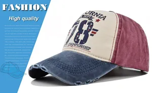 Dettaglio del cappellino baseball vintage invecchiato con stampa California 78 e rete