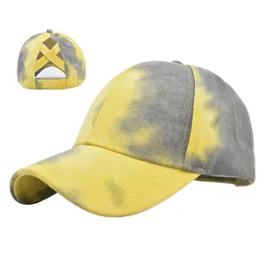 Distressed tie-dye ponytail baseball cap with criss-cross elastic back for high messy buns