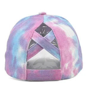 Tie-dye ponytail baseball cap with criss-cross elastic bands for messy buns and high ponytails