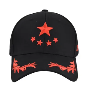 Black baseball cap with red star and wheat ear embroidery in a minimalist frontal view