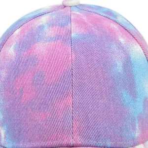 Front view of colorful tie-dye baseball cap with pink and blue distressed twill fabric