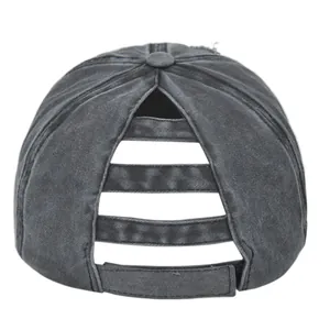 Rear view of dark grey washed cotton ponytail cap with triple elastic cross bands
