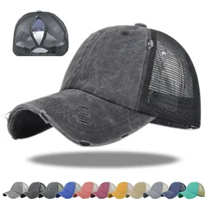 Cappellino da Baseball da Donna in Cotone Lavato Consumato Con Foro per Coda di Cavallo Rete Traspirante Regolabile