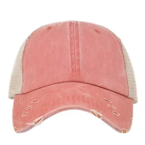 Berretto da baseball vintage con coda di cavallo in tela rosa slavata e retro in rete