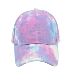Tie-dye ponytail baseball cap for girls in pastel pink, blue, and purple gradient
