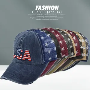 Detailed view of assorted USA flag embroidery mesh baseball caps with distressed brims