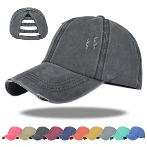 Vintage Distressed Ponytail Washed Cotton Baseball Cap High Bun Ponycap Adjustable Sun Protection Outdoor Fashion Hat Women