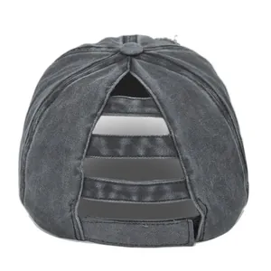 Vintage dark gray washed baseball cap with triple ponytail hole design and velcro strap
