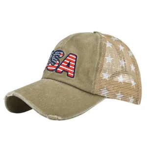 Detail of USA embroidery on vintage mesh baseball cap with American flag stars and stripes