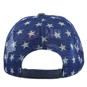 Detail view of American flag trucker hat featuring blue mesh and white star patterns