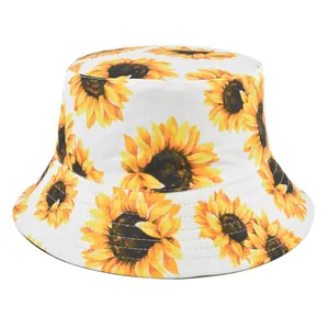 Chapeau bob en coton blanc avec imprimé tournesol, chapeau de soleil double face