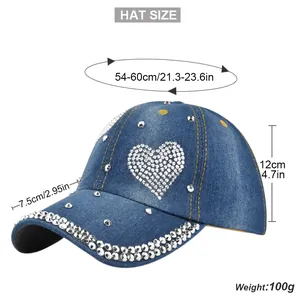 Detailed size guide for denim baseball cap with heart rhinestones showing measurements