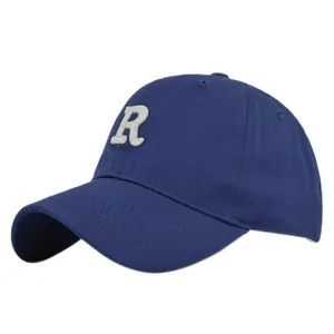 Navy blue cotton baseball cap with white 3D embroidered letter R on curved brim
