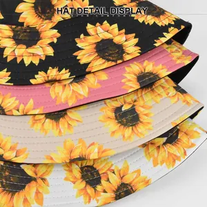 Chapeaux bob en coton à motif tournesol en noir, rose, beige et blanc pour hommes et femmes
