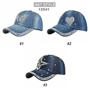 Detailed comparison of three washed denim baseball caps with rhinestone star and heart designs