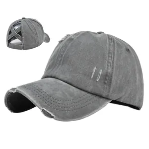 Casquette de baseball vintage pour queue de cheval en coton délavé gris avec déchirures