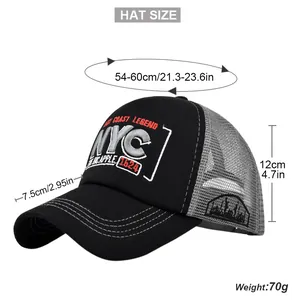 Detailed size chart for NYC embroidered mesh baseball cap showing crown height and brim